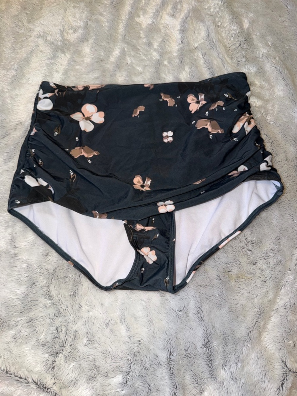 COCOSHIP Black High-Waist Floral Swim Shorts with Pink and Tan Blossoms